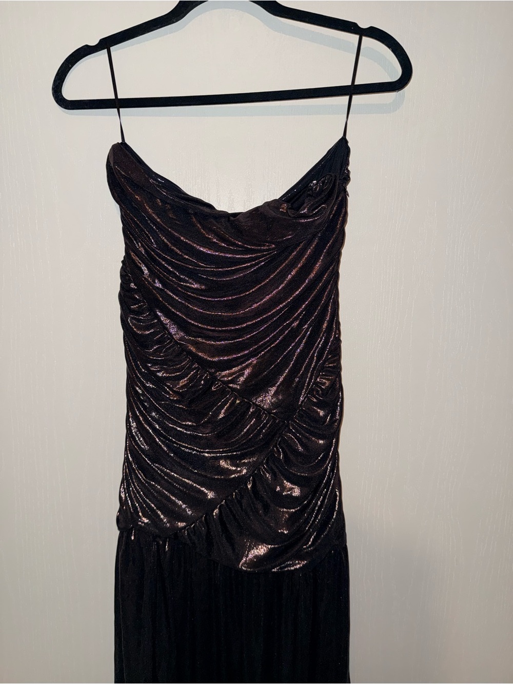 12th Tribe Metallic Black Strapless Ruched Evening Dress